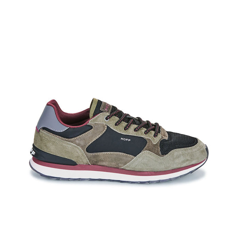 Men's lace-up leather sneakers, beige suede panels with navy sections and burgundy accents