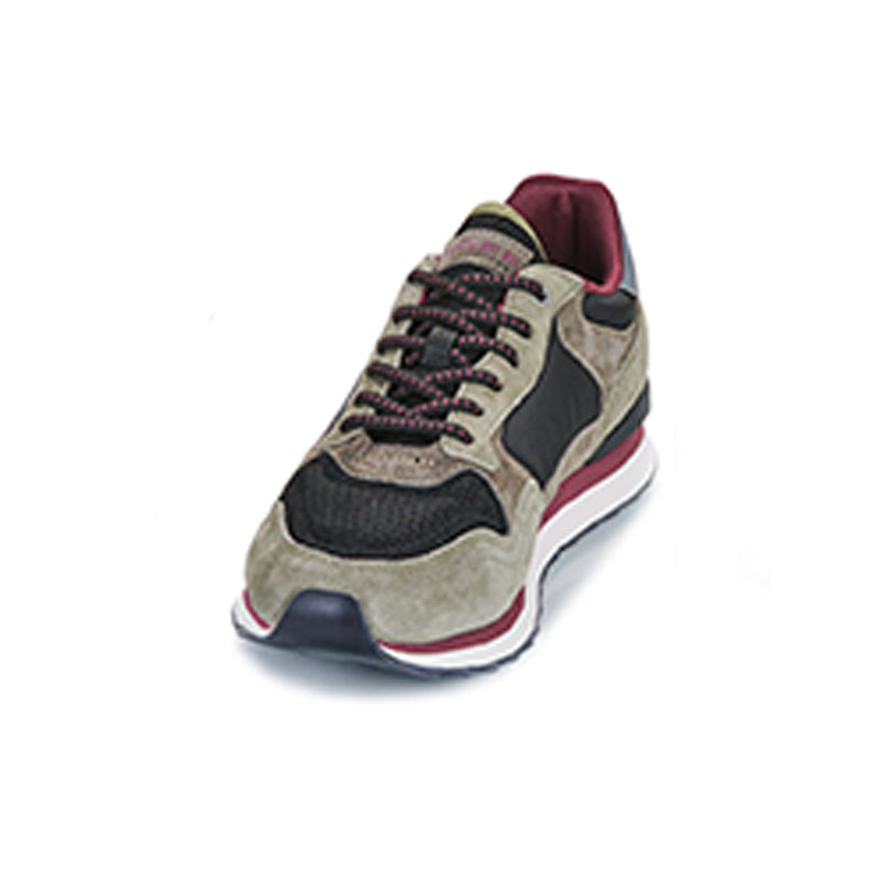 Men's leather sneakers, side view with beige and navy uppers, burgundy heel and red stripe