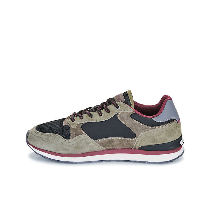 Men's low-top leather sneakers, angled view with beige suede and navy panels, burgundy trim