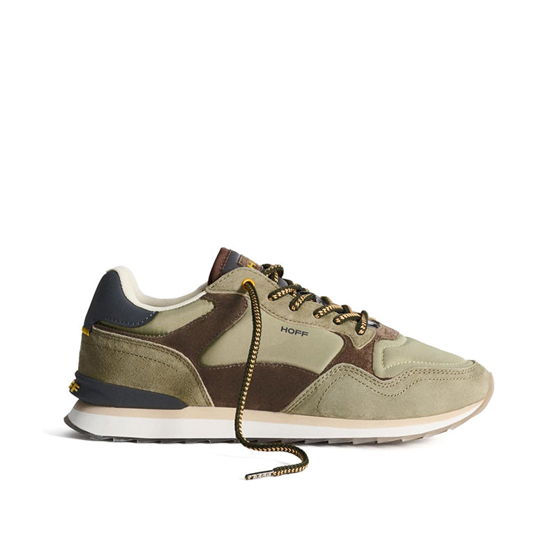 Men's lace-up sneakers with green and brown suede/leather panels