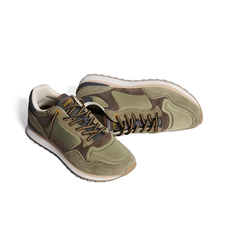 Men's lace-up sneakers with green, olive, and brown camo panels