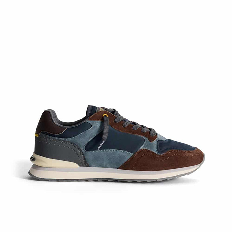 Men's color-block sneakers with blue, brown suede panels and lace-up front