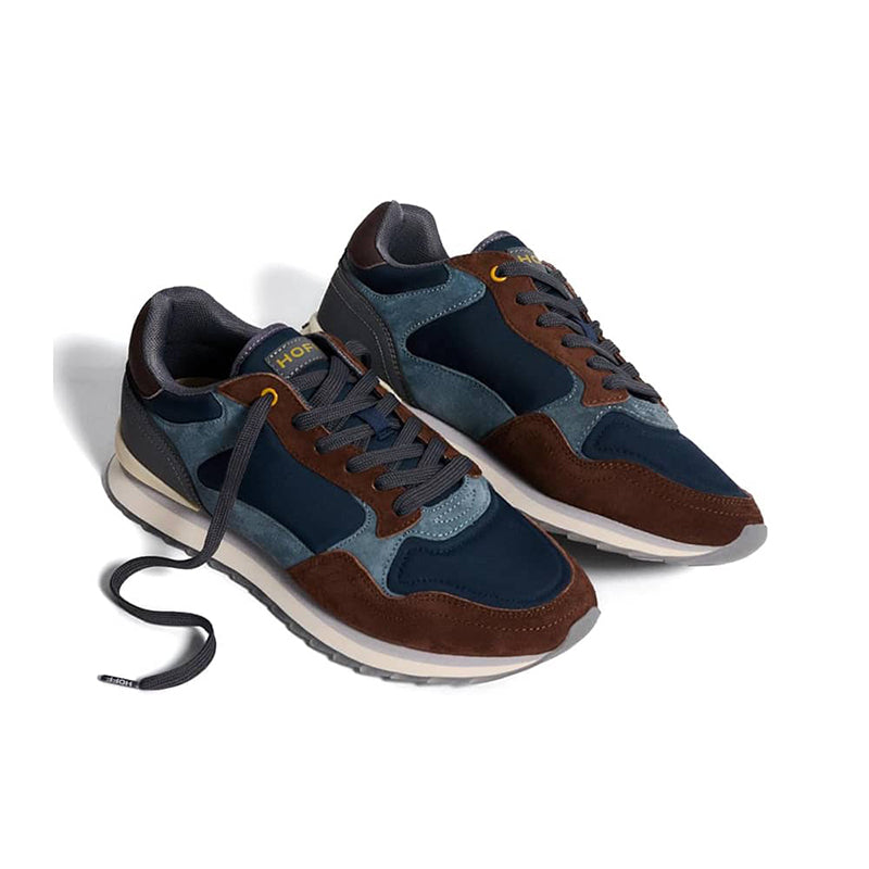 Pair of men's lace-up sneakers in blue and brown with cushioned rubber sole