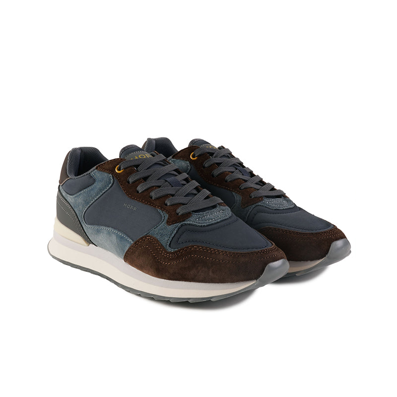 Men's lace-up sneakers in dark blue and brown with padded tongue and sole