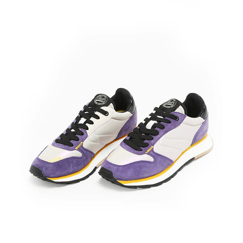 Pair of lace-up sneakers in white with purple panels and black laces, yellow side stripe