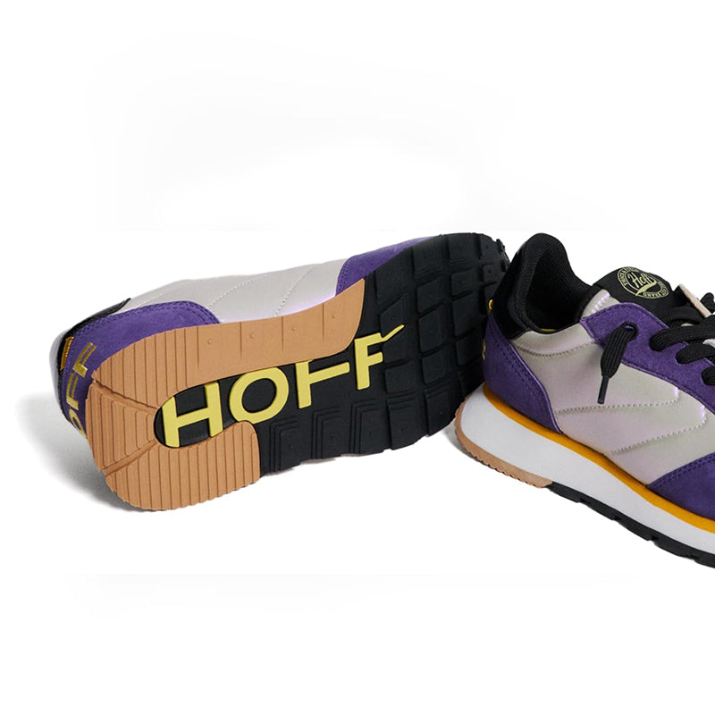 Sneaker sole view: purple and white upper with black tread outsole and HOFF branding