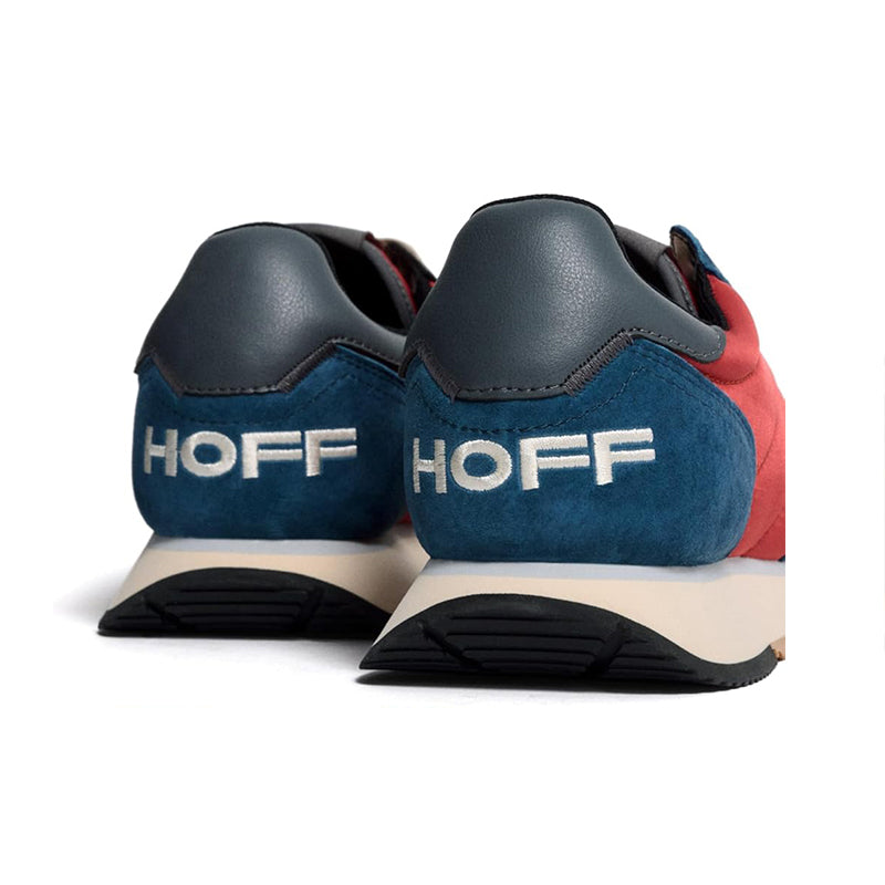 Men's sneakers back view in blue and red with HOFF logo on the heel.