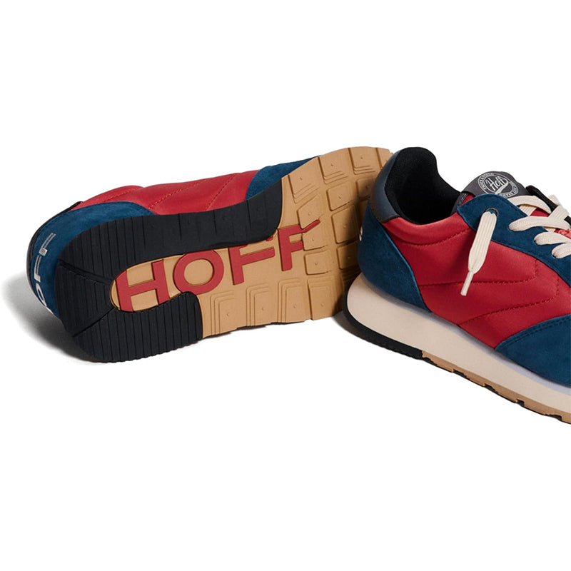 Men's sneakers outsole and side in red and blue; HOFF logo on beige tread.