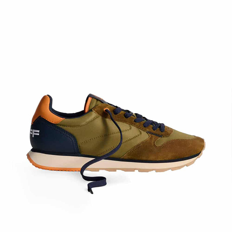 Men's casual sneakers with olive/tan suede, navy panels, navy laces, orange outsole