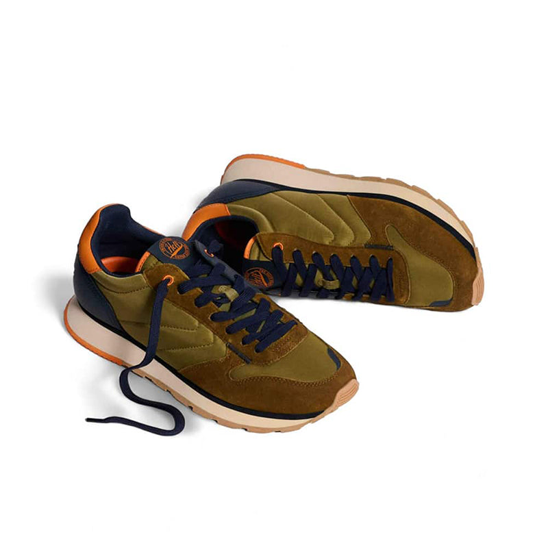 Men's sneakers, olive suede with navy upper, blue laces, orange trim, cream sole