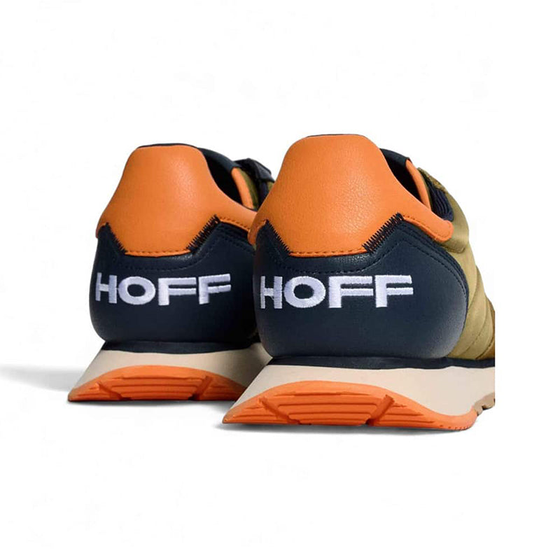 Men's sneakers back view, navy heel with orange collar, HOFF logo, orange outsole