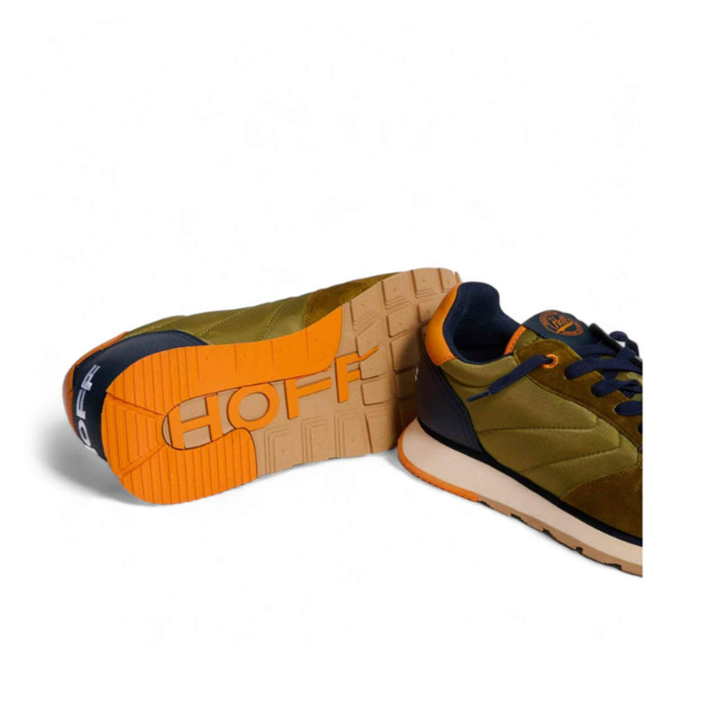 Men's sneakers outsole view, olive upper with navy details and orange tread sole