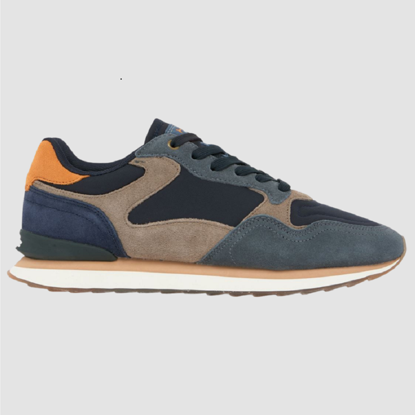 Men's leather sneakers in navy and tan with orange heel trim, lace-up and white sole