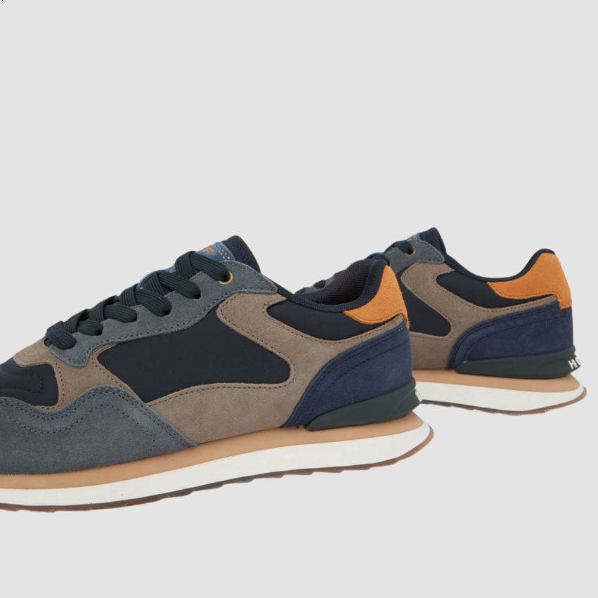 Pair of men's lace-up sneakers in navy, tan, and gray with orange heel accent