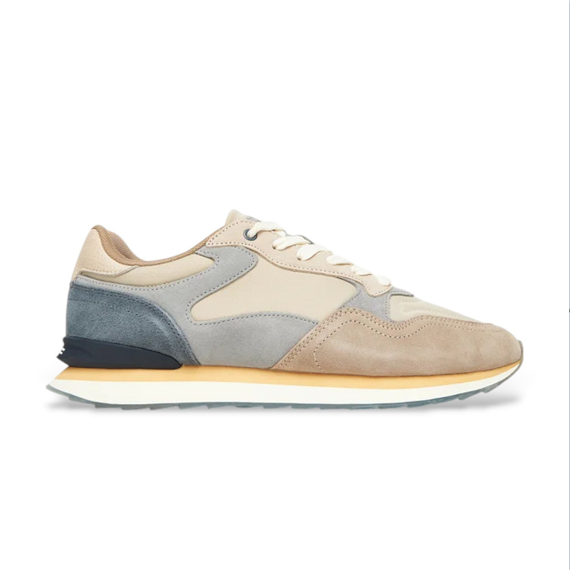 Men's leather sneakers, multicolor beige and blue panels, white laces, rubber sole