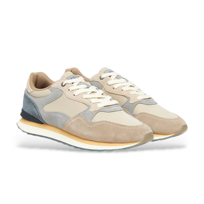 Men's leather sneakers, multicolor beige and blue, angled side view, white laces