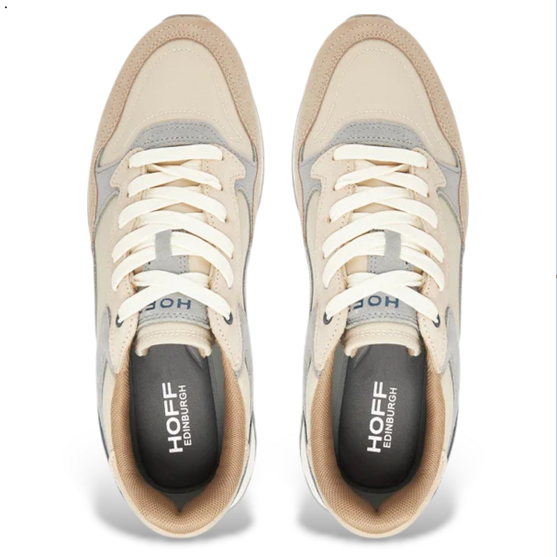 Men's sneakers front view, beige and blue leather, white laces, logo on tongue
