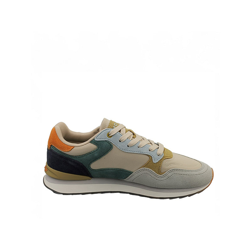 Men's leather sneakers in cream with teal, orange and yellow panels, lace-up.