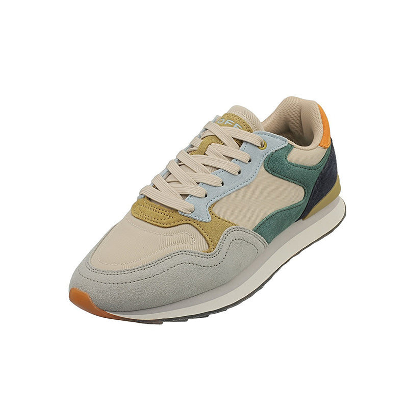 Men's leather sneakers with cream upper, teal and orange accents, lace-up front.