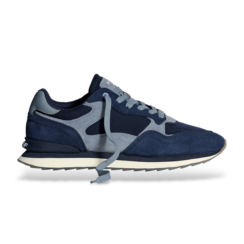 Men's blue leather sneakers with lace-up front and navy suede overlays