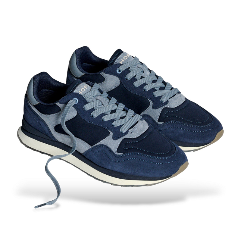 Men's blue leather sneakers pair with lace-up design and light blue panels