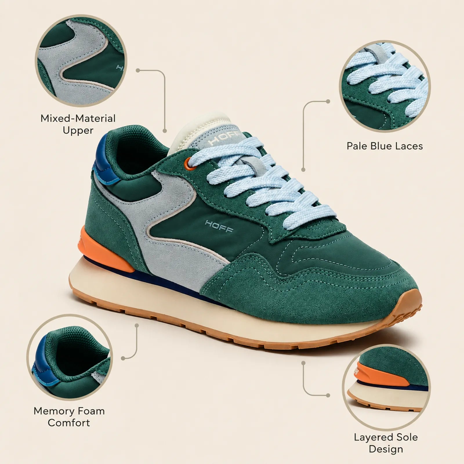Hoff City Chroma green trainers close up showing pale blue laces suede texture and branded heel detail