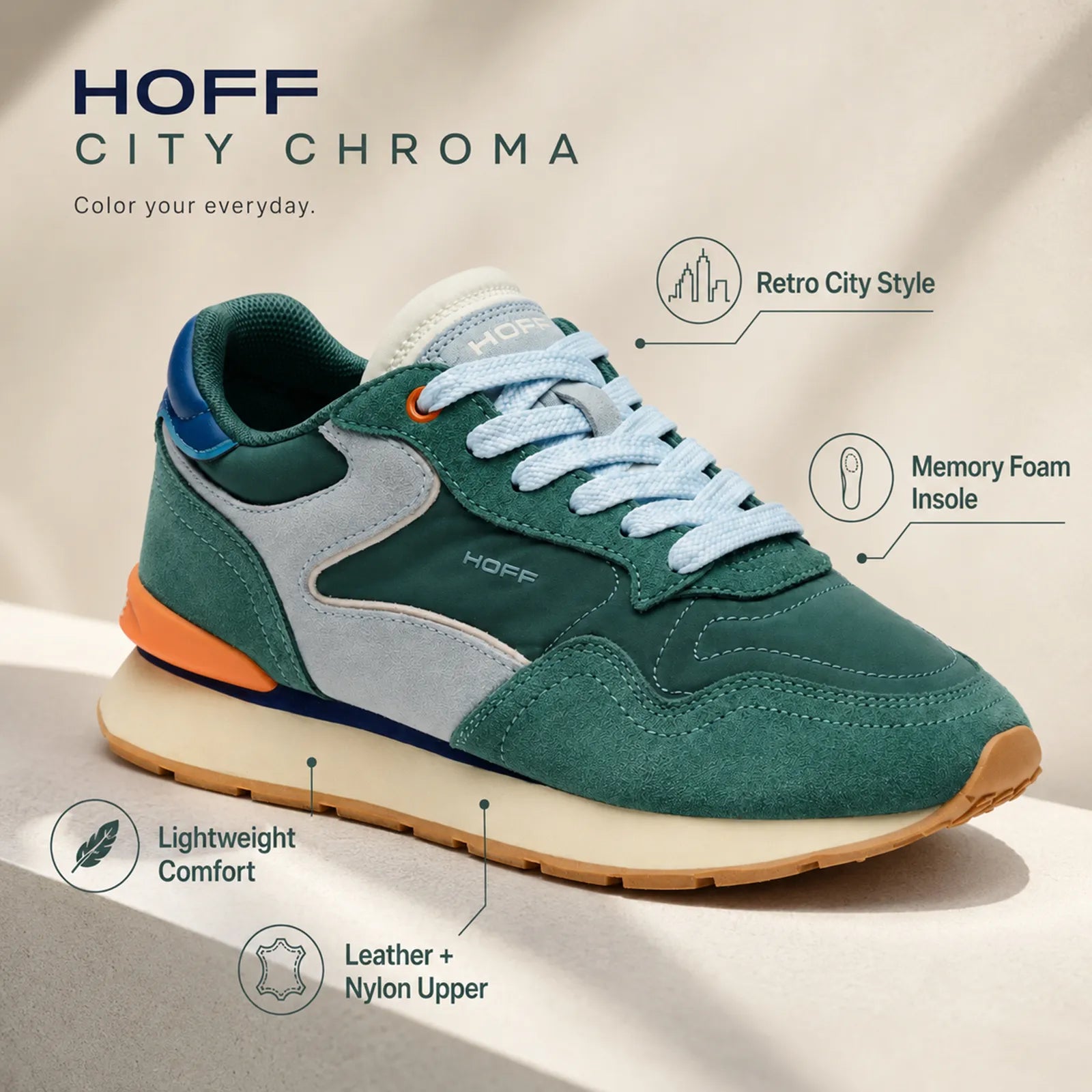Hoff City Chroma women's trainers with memory foam comfort lace-up fastening and retro colour block design