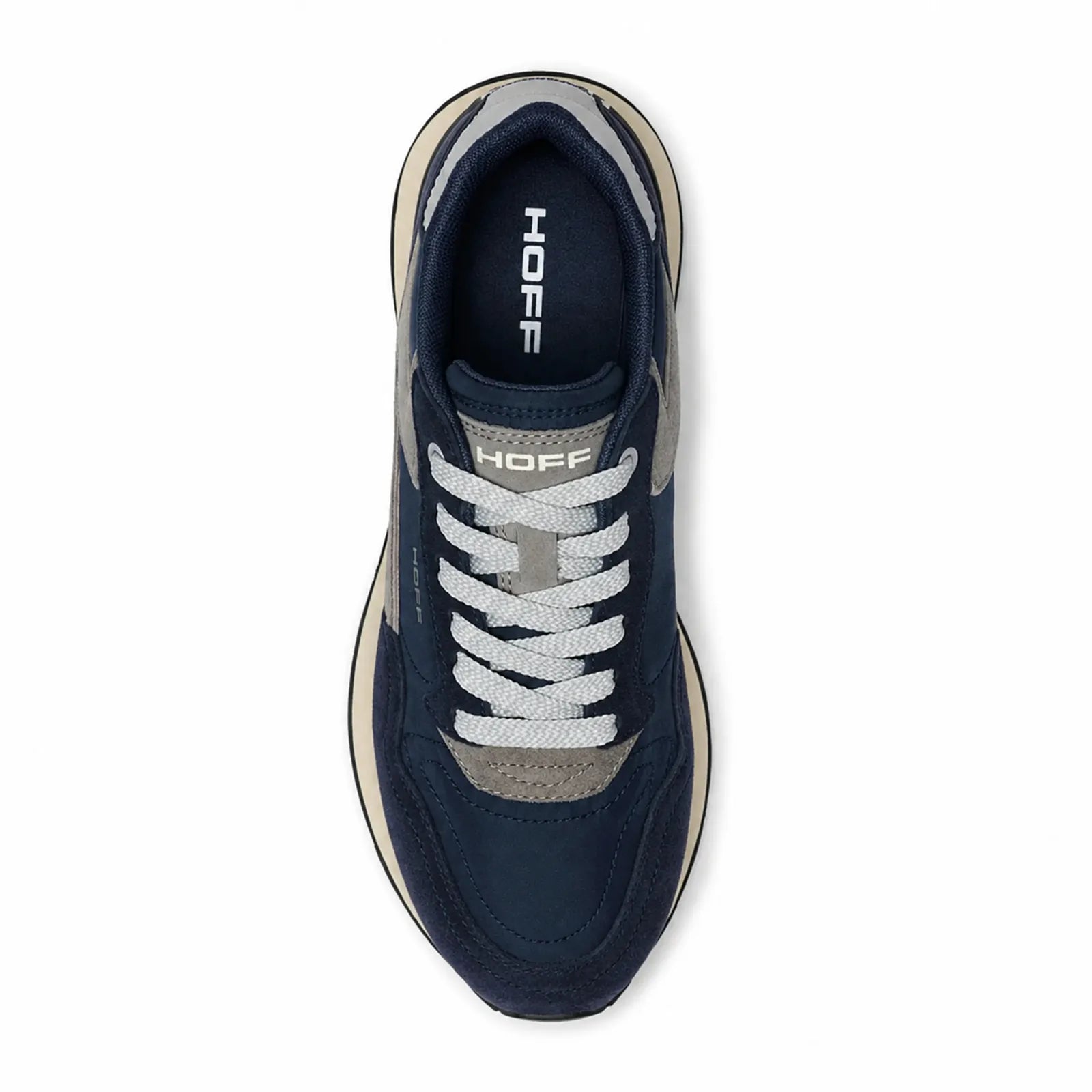 Hoff City men's dark blue trainers side view showing layered leather nylon upper and cream midsole