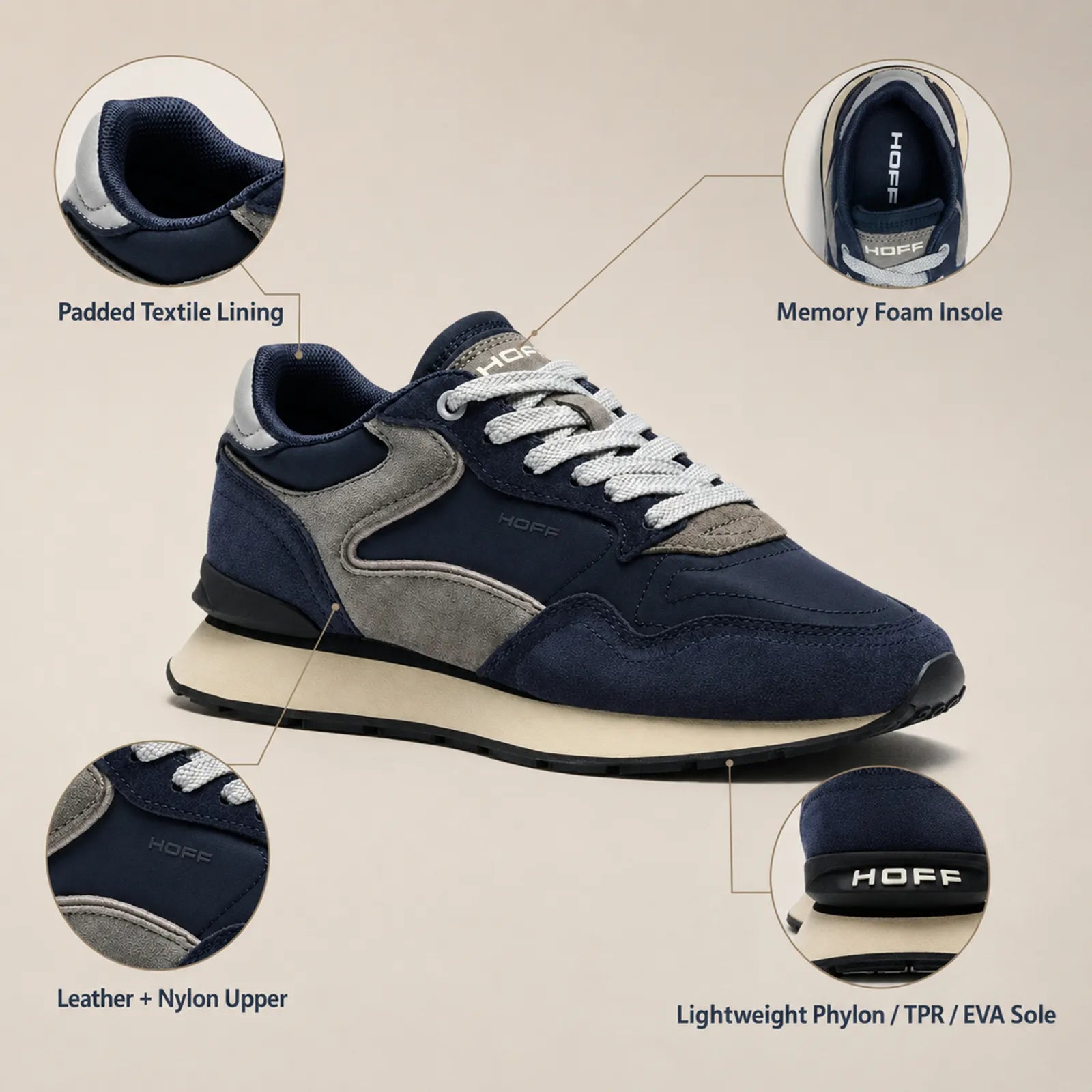 Hoff City dark blue trainers close up with lace fastening branded tongue and suede-style panel details