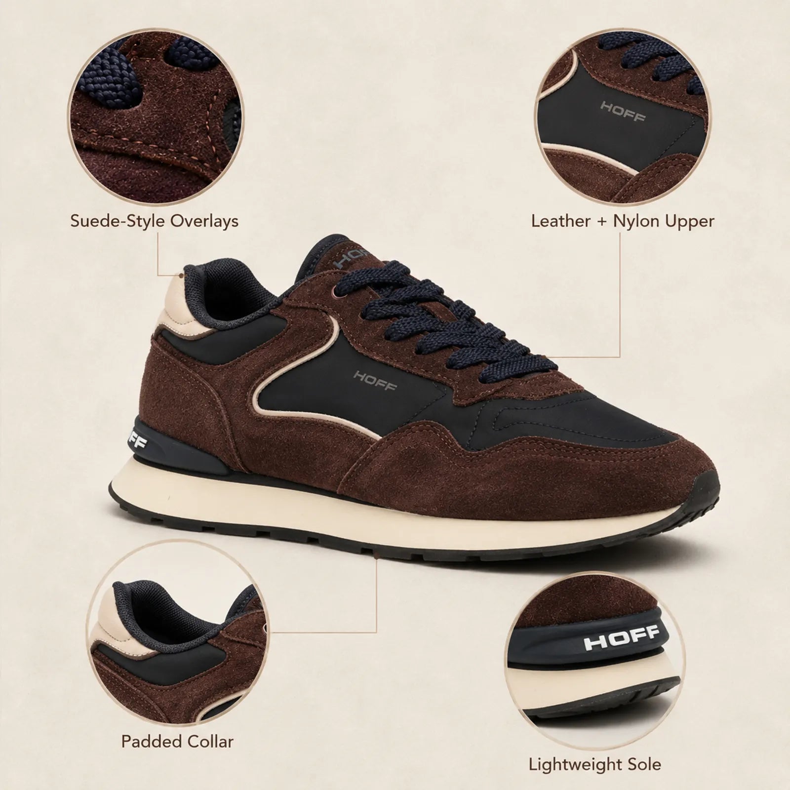 Hoff City brown trainers close up showing suede texture navy laces and Hoff side branding