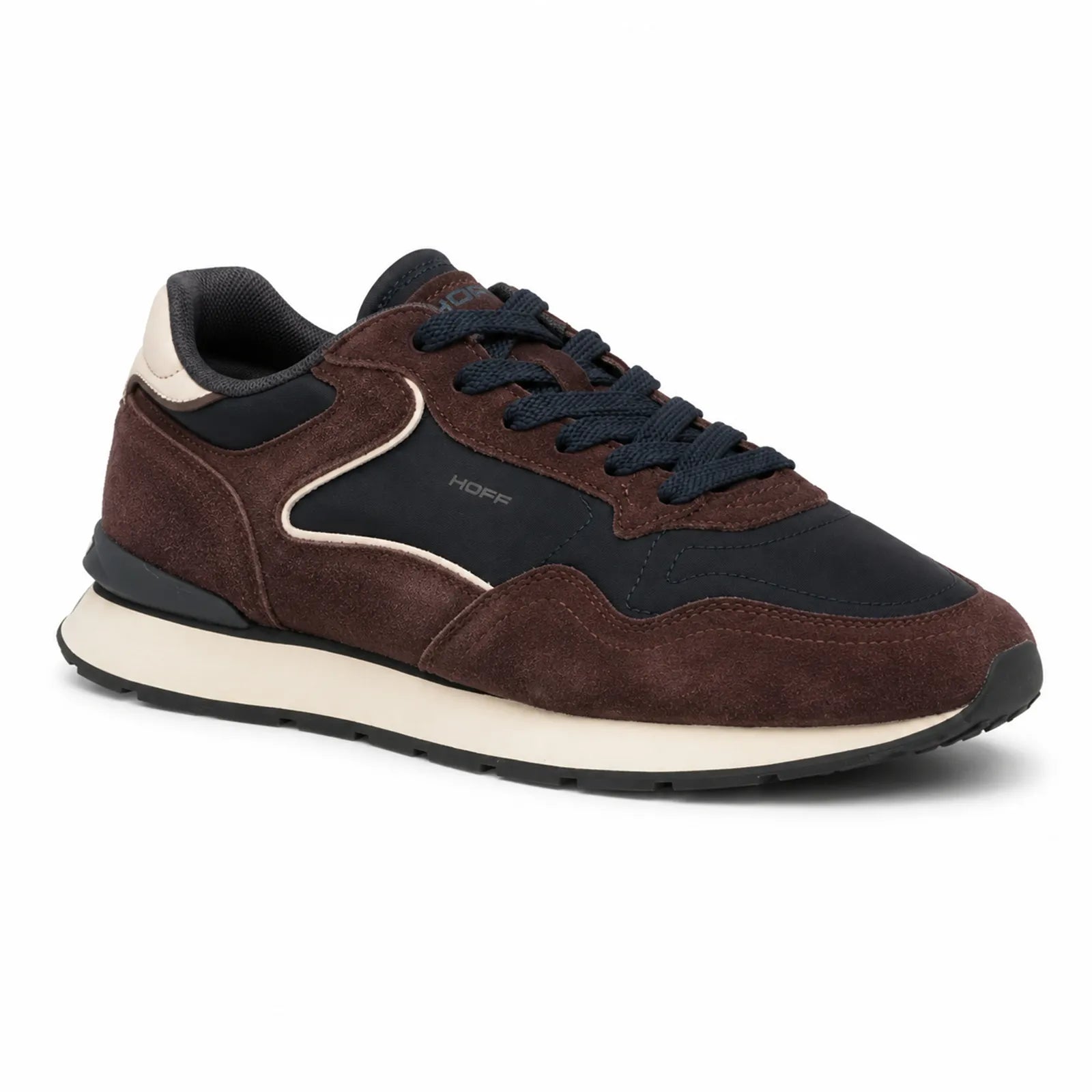 Hoff City men's brown leather and nylon trainers with navy panels and cream sole