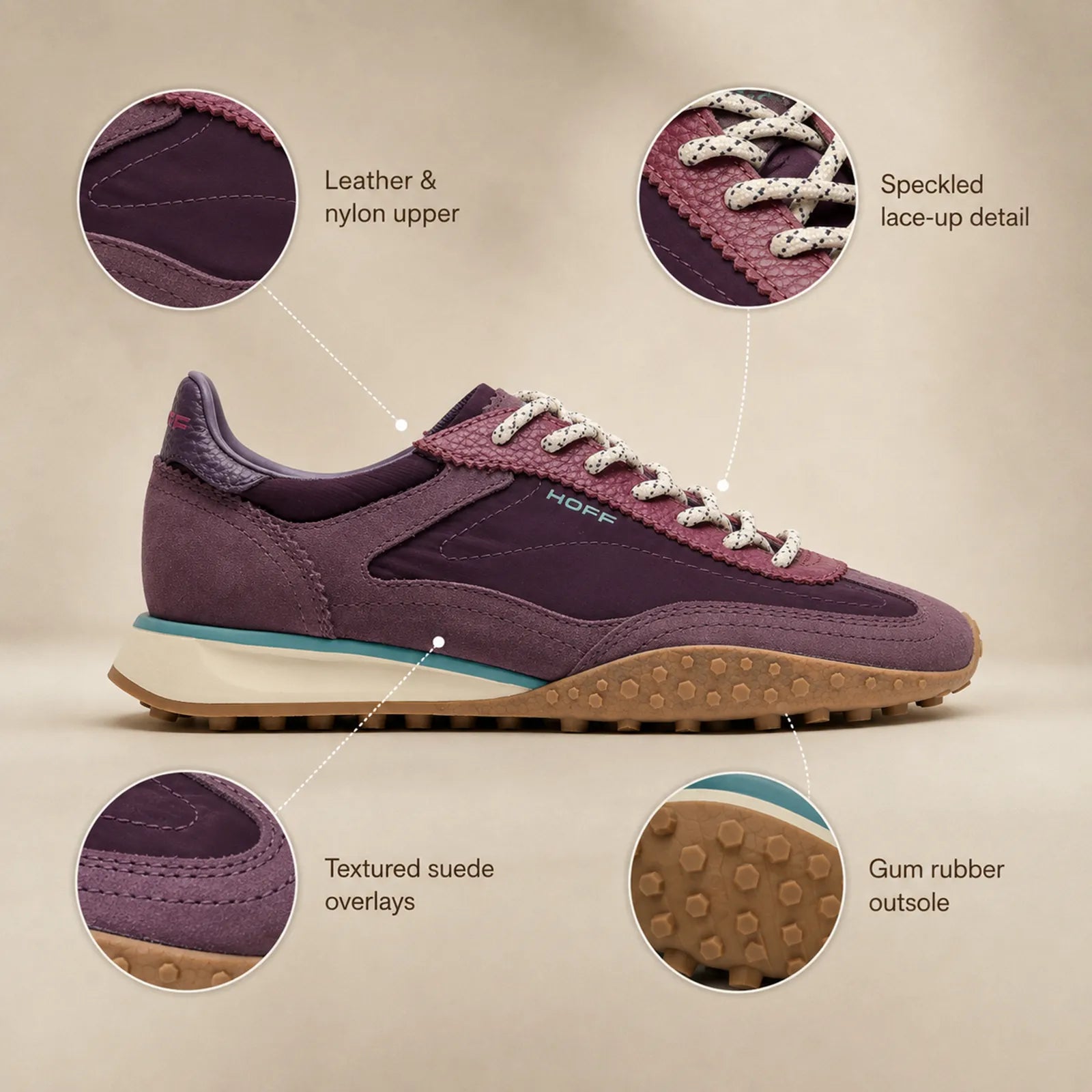 Hoff Bridge MKII purple trainers close up showing speckled laces suede texture and stitched panels