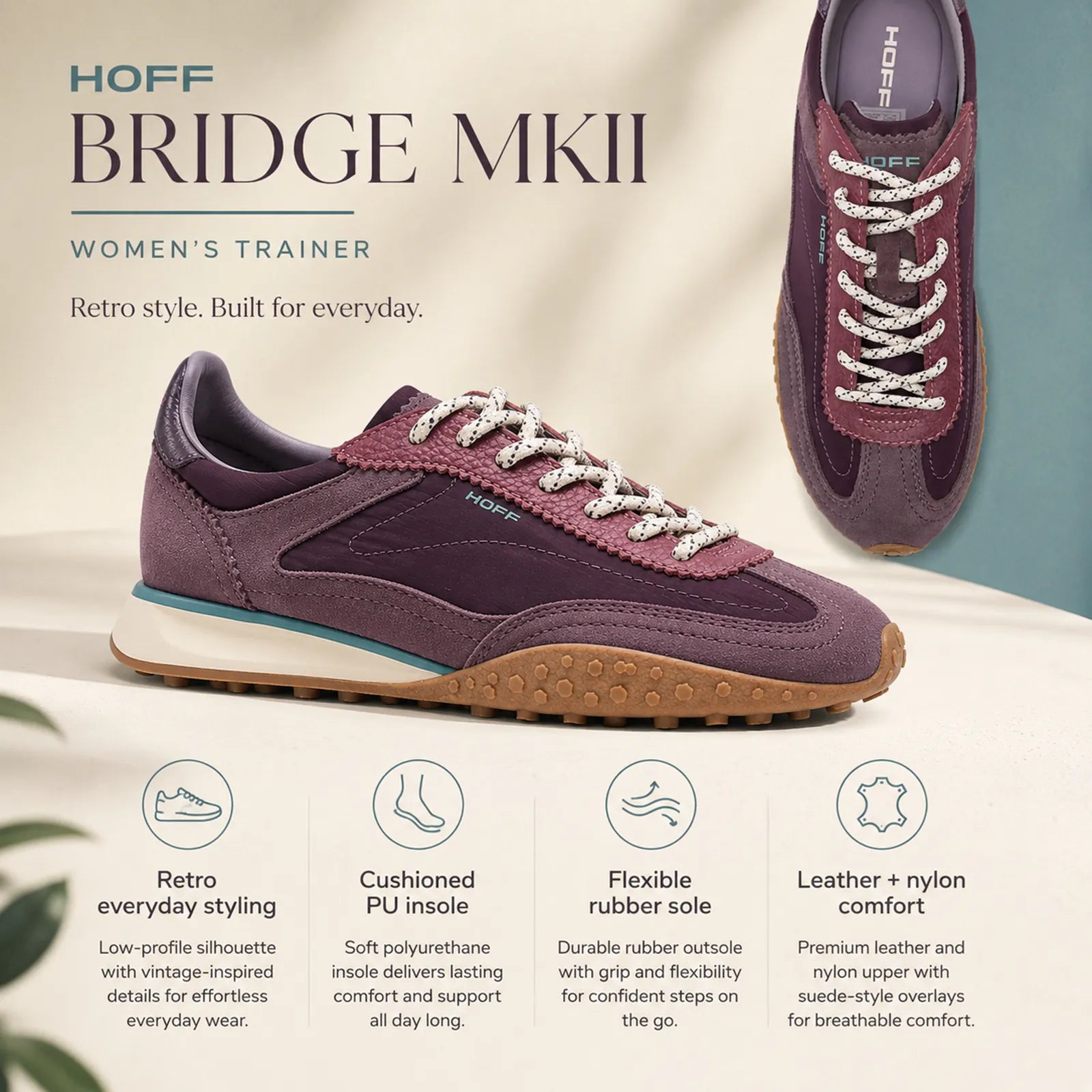 Hoff Bridge MKII women's trainers with cushioned insole lace-up fastening and flexible rubber outsole