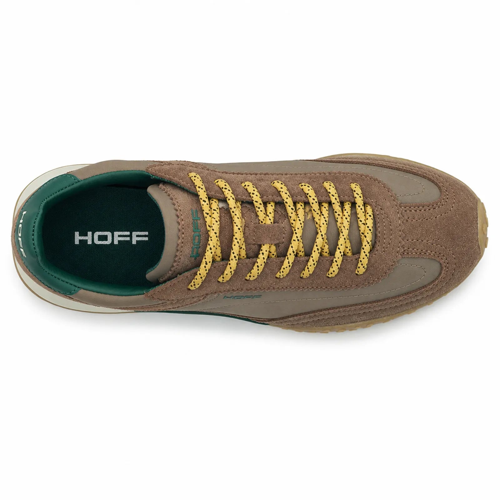 HOFF Bridge MKII men's brown trainers side angle showing suede panels and gum outsole