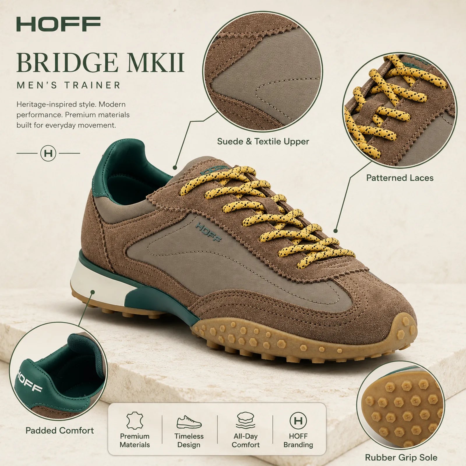 HOFF Bridge MKII brown trainers close up showing suede texture patterned laces and HOFF branding