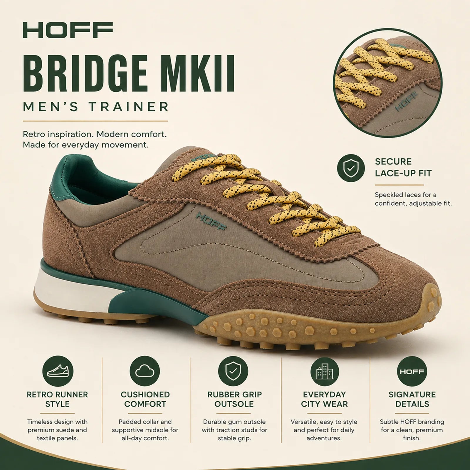 HOFF Bridge MKII men's trainers with lace-up fit cushioned insole and rubber traction sole
