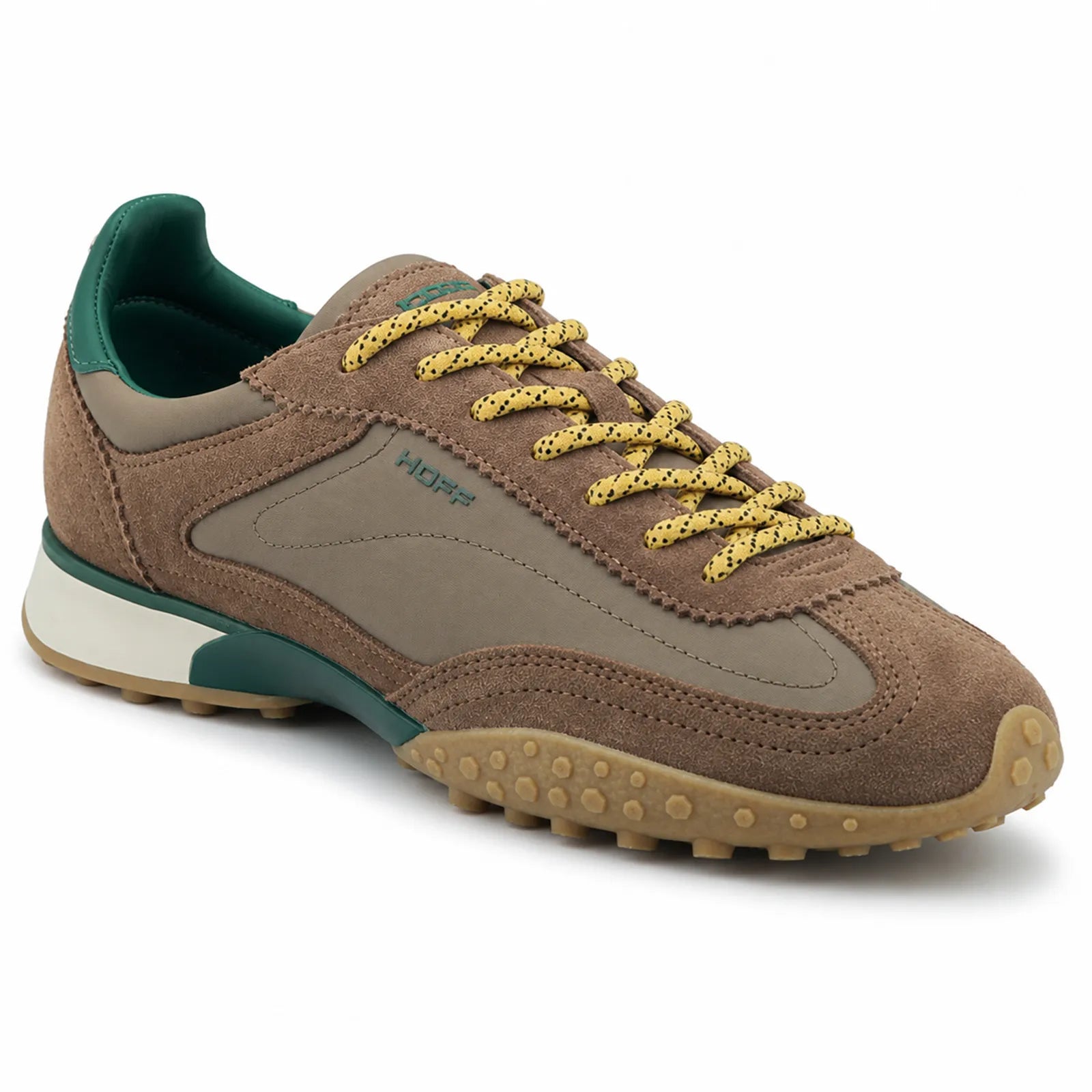 HOFF Bridge MKII men's brown suede and textile trainers with green accents and yellow laces