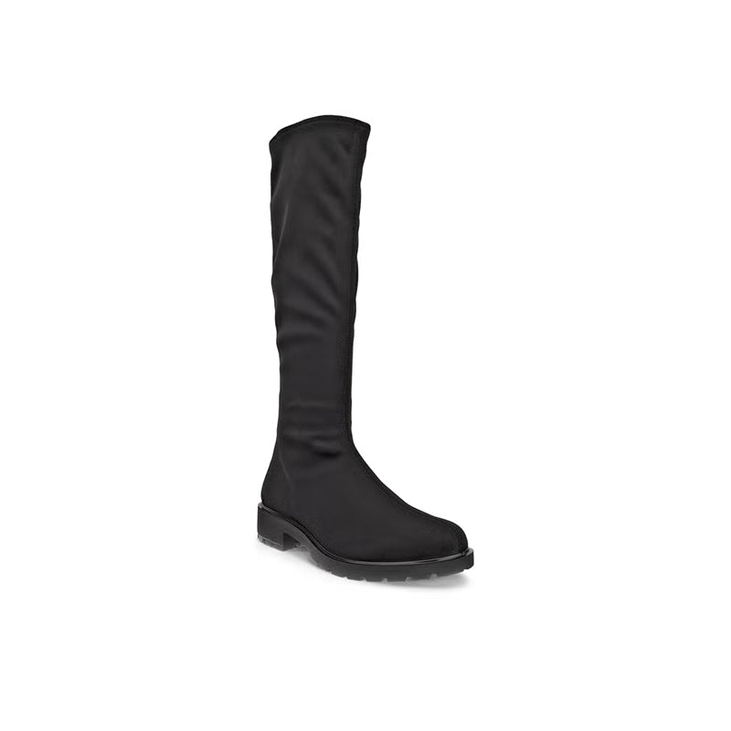 Women’s high-cut black casual boot with low block heel and side pull tab