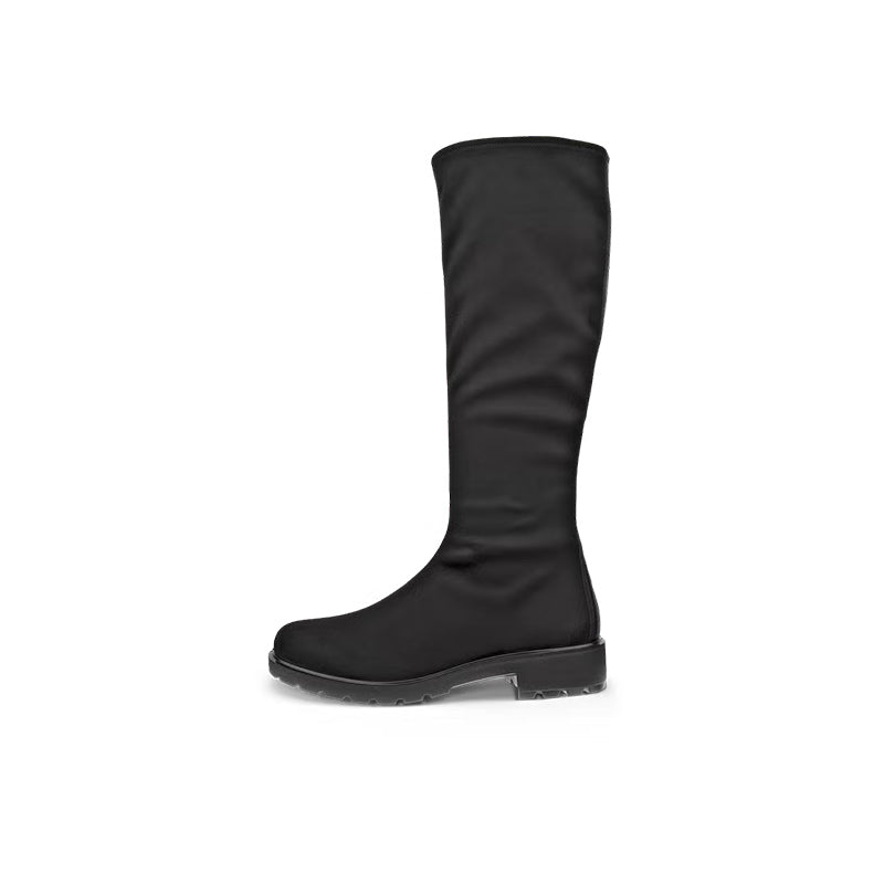 Women’s black high-cut boot with rounded toe and low block heel