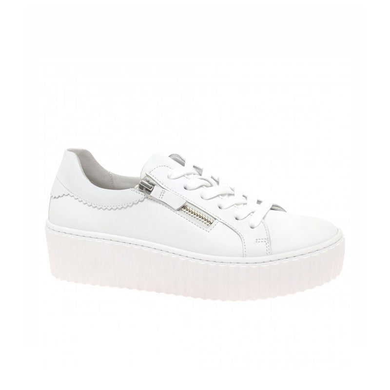 Women¡¯s white leather sneakers with lace-up and side zipper detail, platform sole