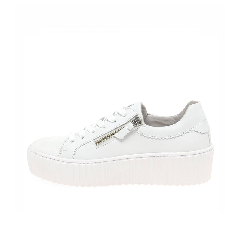 Women¡¯s white leather sneakers with lace-up front and silver side zipper, platform sole