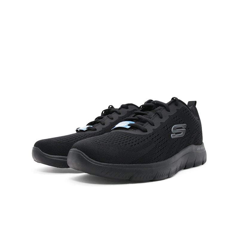Men’s Skechers black mesh lace-up sneakers with rugged outsole and S logo