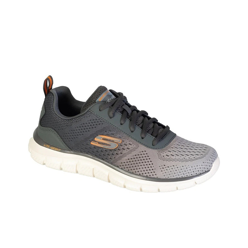 Men's mesh sneakers in dark gray with olive accents and black laces