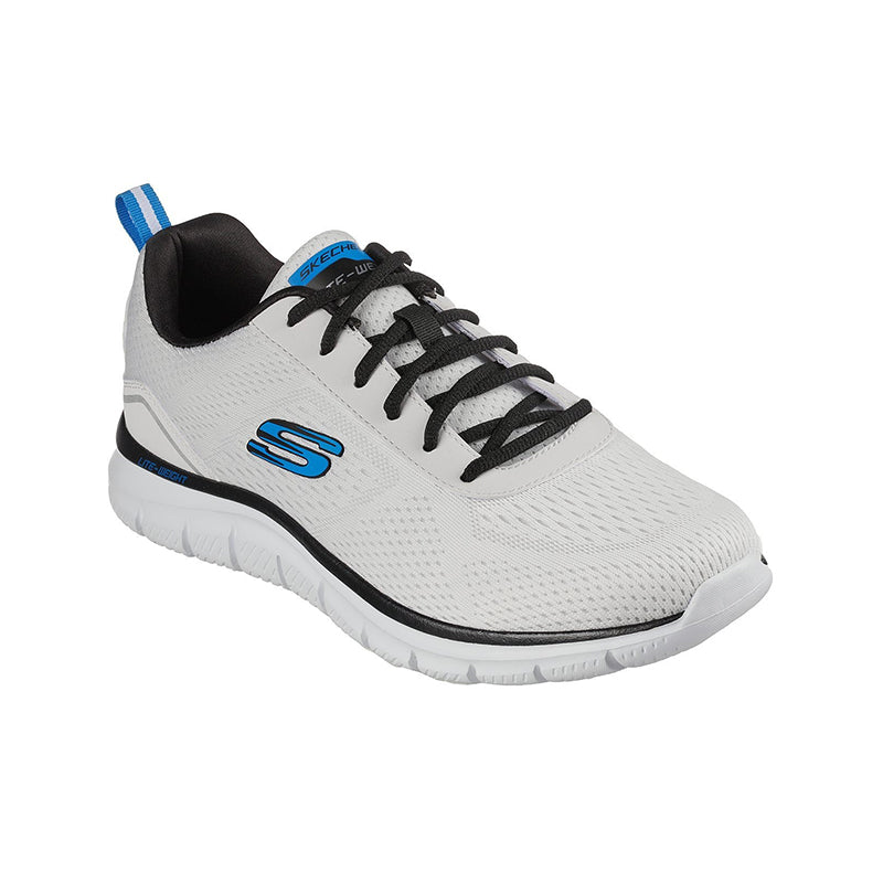 Men's mesh sneakers in white with blue accents, black laces, and a white sole