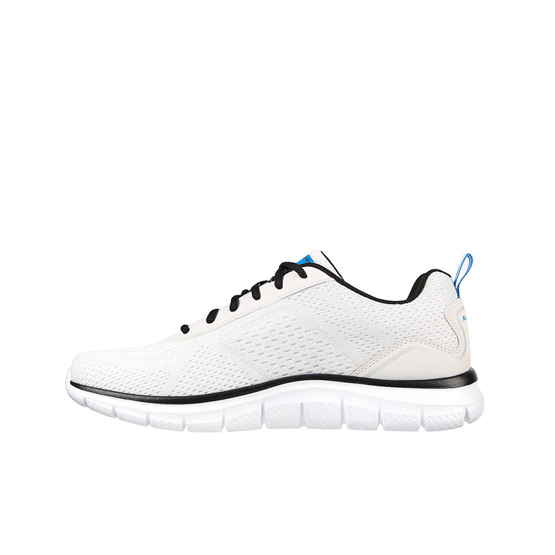 Men's mesh sneakers in white with black laces and blue heel trim
