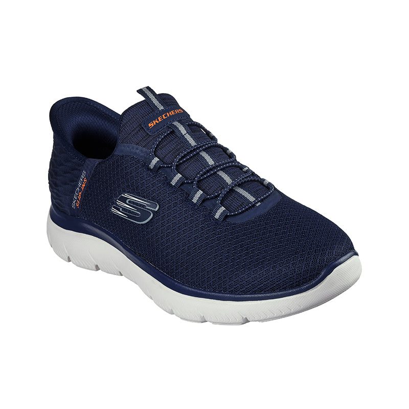 Men's navy mesh lace-up sneakers with cushioned sole and Skechers side logo