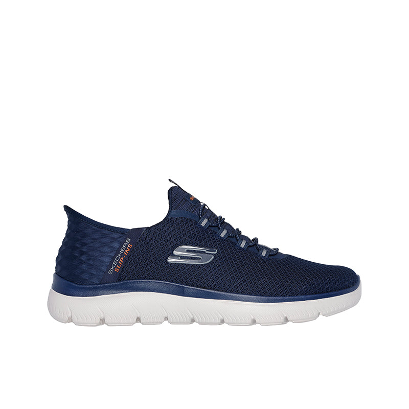 Men's navy mesh sneakers, angled side view with padded collar and lace panel