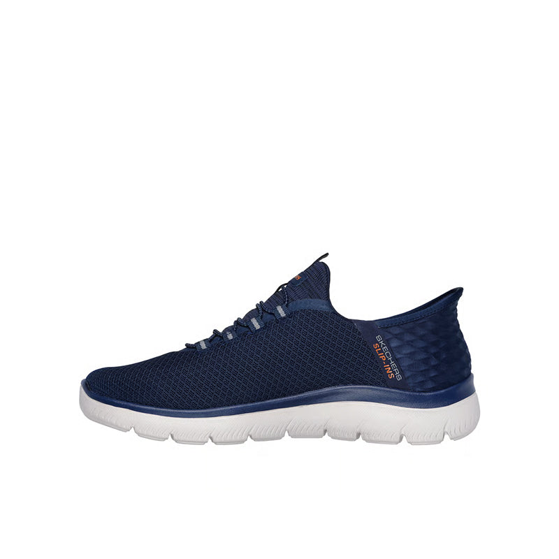 Men's navy mesh sneakers, side profile with lace-up front and white tread sole