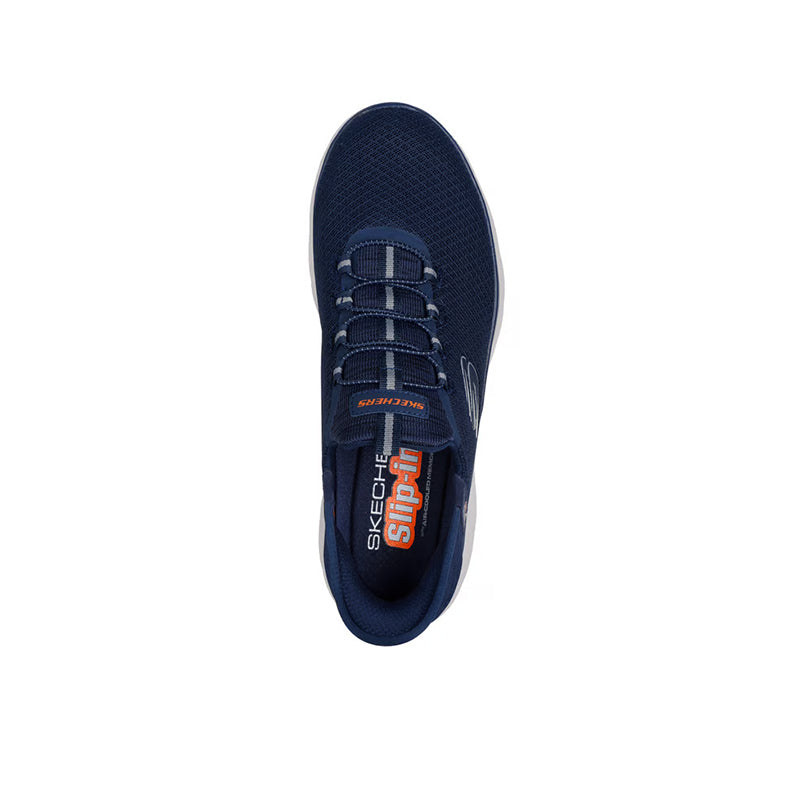 Men's navy mesh sneakers, top view showing laces and oval toe bumper