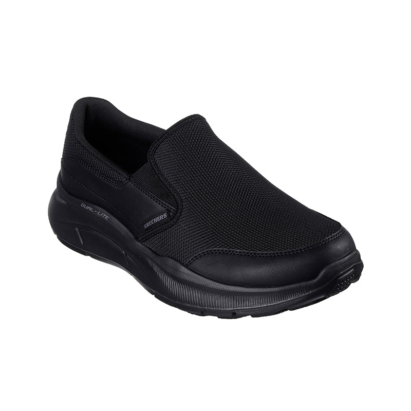 Men's black mesh slip-on sneakers with padded collar and smooth black sole
